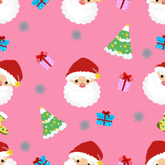 A cheerful Christmas seamless pattern featuring Santa Claus, winter decorations, and festive gift box for a joyful holiday celebration