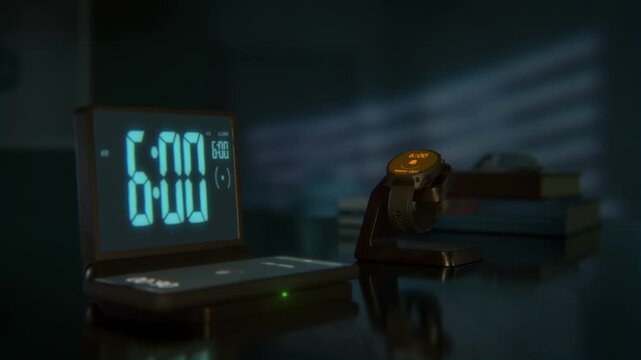 Digital alarm clock with phone charger and smartwatch are waking up at 6 AM. The numbers on the every screens changes from 5:59 to 6:00AM. Camera focus moves from clock with phone to the smartwatch.