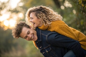 Joyful Piggyback Ride: A carefree couple shares a tender moment outdoors, enjoying a playful piggyback ride that encapsulates their happiness and connection.