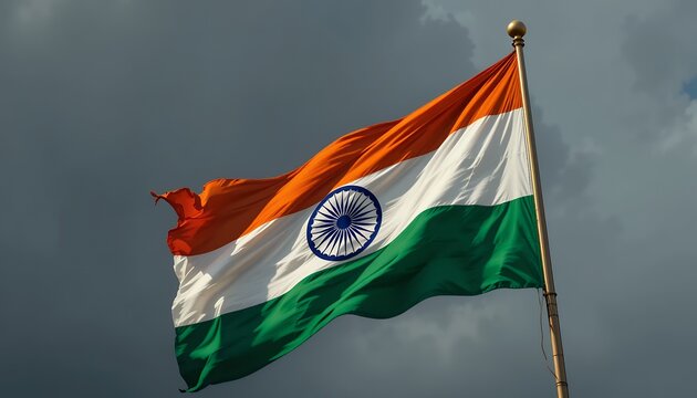 Indian national flag fluttering against a dramatic cloudy sky showcasing patriotism and pride - Powered by Adobe