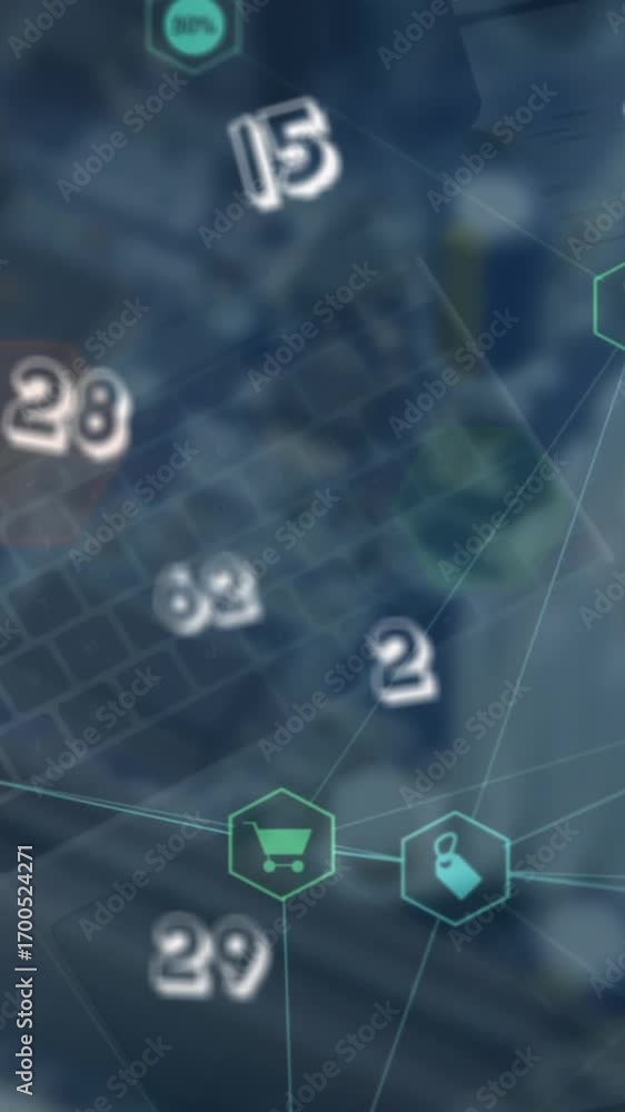 Poster animation of numbers and connected icons over laptop and electronic components