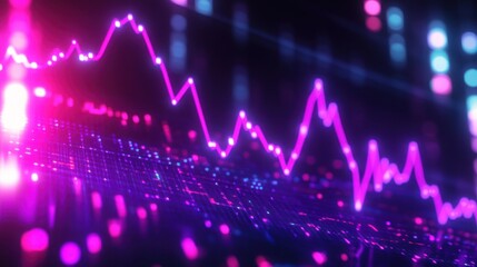 Abstract financial chart with uptrend line graph in neon purple and blue color scheme showing market data analysis
