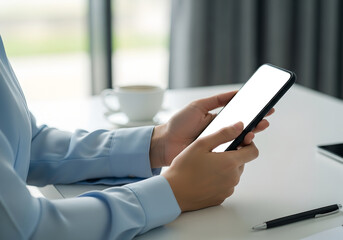 Professional Man Holding a Smartphone with a Blank Screen Mockup
