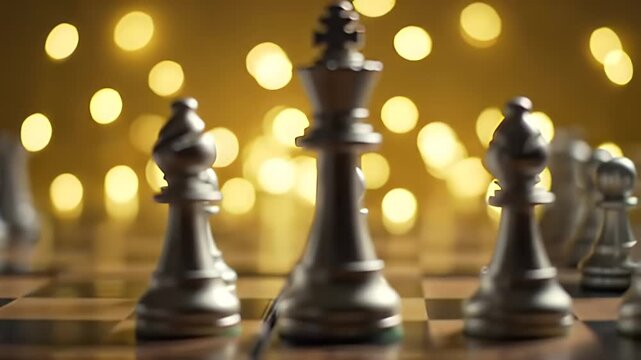 Strategic positioning of a silver king and bishops on a chessboard, illustrating business tactics, leadership, and competitive advantage with an elegant golden light background