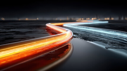Neon pipeline energy flow glowing line industrial futuristic night reflection metal