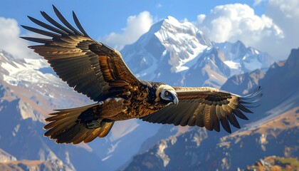 A magnificent bird of prey soars through a majestic mountain range, wings outstretched against a vibrant sky.