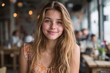 Obraz premium A young woman sitting at a table in a restaurant
