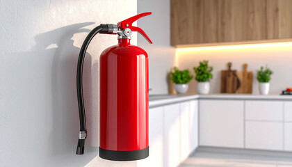 Obraz premium A vibrant red fire extinguisher mounted on a textured white wall, Bright kitchen setting with sleek cabinetry in the backdrop, highlighting safety in modern home design