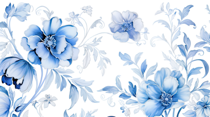 Blue floral pattern with blooming flowers and leaves in decorative arrangement isolated on white background