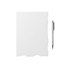 transparent paper with a jagged torn edge, a sleek minimalist silver pen, flat lay, isolated on a seamless transparent background with soft, even lighting, concept of professional minimalism