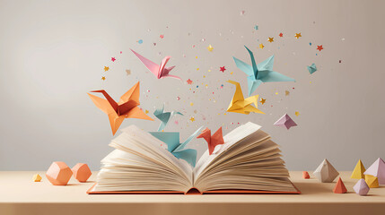 Creative book on a desk with colorful paper birds