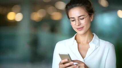 Focused businesswoman using smartphone in office light - concentration - professional - technology - communication - modern - workplace - corporate - mobile device - digital - Powered by Adobe