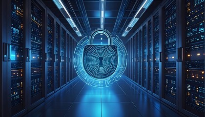 A futuristic server room displays advanced security with a glowing digital padlock.