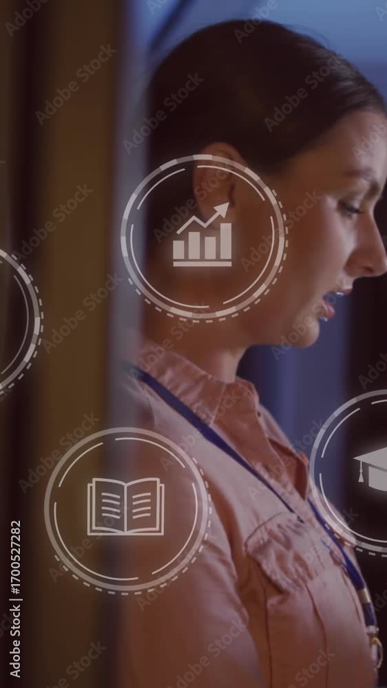Poster animation of data processing over caucasian female it engineer by computer servers
