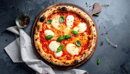 A delicious, freshly baked pizza with melted mozzarella cheese, vibrant tomato sauce, and fresh basil leaves sits on a rustic wooden board, against a dark grey stone background.
