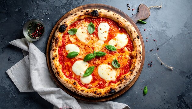 A delicious, freshly baked pizza with melted mozzarella cheese, vibrant tomato sauce, and fresh basil leaves sits on a rustic wooden board, against a dark grey stone background. - Powered by Adobe