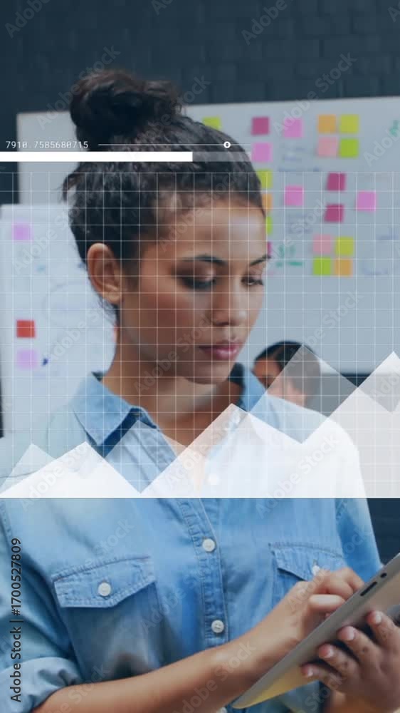 Poster Animation of statistical data processing over woman using digital tablet smiling at office