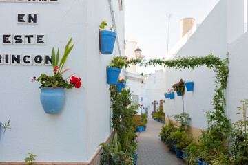Conil de la Frontera, Cadiz, Andalusia, Spain. 6 September 2025. Traditional Andalusian street with flowerpots © Ulysses
