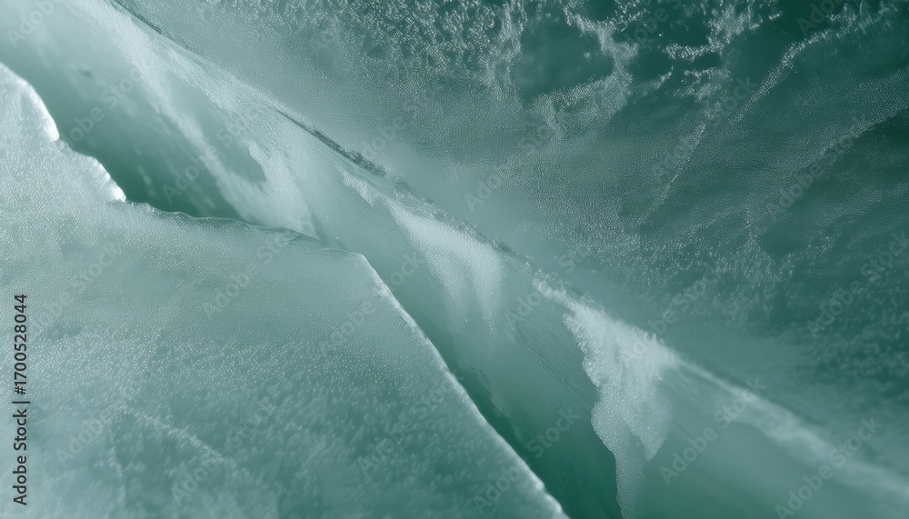 Poster frozen turquoise ice fracture with crystalline textures and shimmering bubbles creating abstract arc