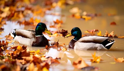Two ducks in autumnal pond
