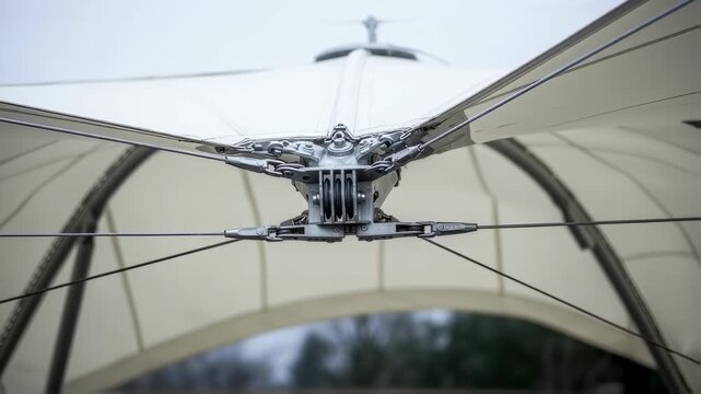 Detailed shot of fabric membrane tension adjustments as the retractable roof locks into place ensuring weatherproof coverage.