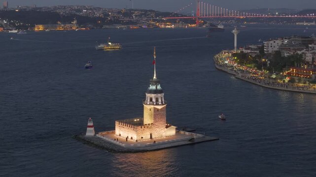 New Maiden's Tower (Kız Kulesi) and Classical Istanbul Bosphorus Drone Video, Uskudar Istanbul, Turkiye (Turkey)