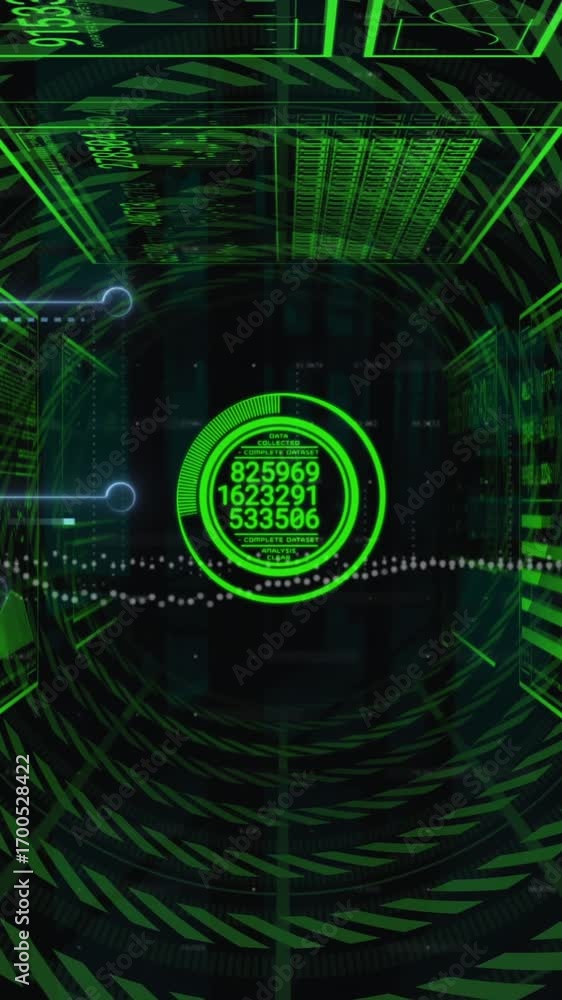Poster animation of interface with data processing against tunnel in seamless pattern on black background