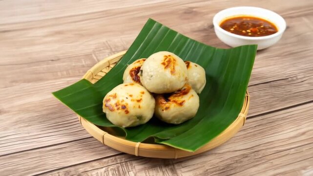 Steamed buns on banana leaf, with dipping sauce