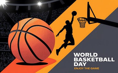 World basketball day celebration with player dunking and large ball