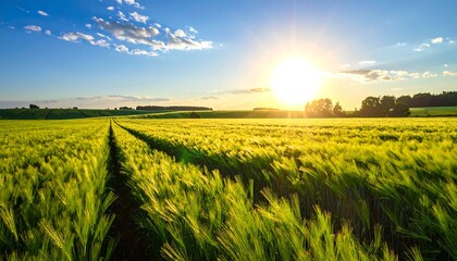A vast field of ripening grain stretches out under a vibrant sunset sky, showcasing a tranquil and golden landscape.