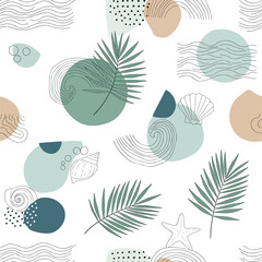 Abstract summer pattern with palm leaves, seashells, and geometric shapes in pastel colors, seamless pattern, royalty free stock.
