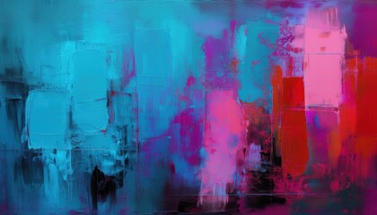 vivid abstract painting with bold turquoise pink and red blocks blending into textured brush strokes for modern wallpaper or banner background