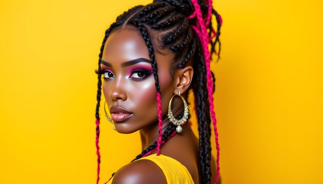 The image depicts a stunning young woman with vibrant Afro American colorful braids, styled elegantly against a soft light yellow background.