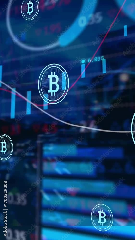 Aufkleber animation of bitcoin icons over multiple graphs with changing numbers against trading board