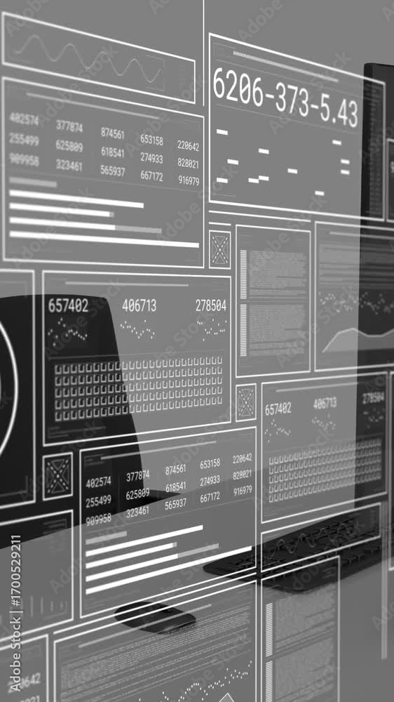 Poster animation of network of connections with icons over office desk with computer