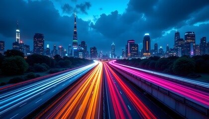 Obraz premium A futuristic city highway overpass at night, with vibrant light trails streaking through the urban motion blur as traffic flows seamlessly through the modern transportation system