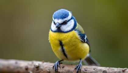 The close up portrait captures the delicate blue tit bird perched elegantly, displaying a vibrant array of colors within its intricate feathers.