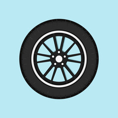 Obraz premium A stylized illustration of a car tire with a silver rim and a black rubber tread, set against a light blue background.