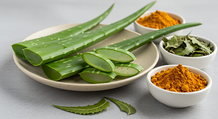 Close-up of aloe vera leaves sliced open with gel visible, placed on a ceramic plate next to dried neem leaves and turmeric powder in small bowls. Minimalist healing concept with clean background.
