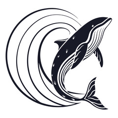 Stylized humpback whale leaping through waves in dark blue silhouette