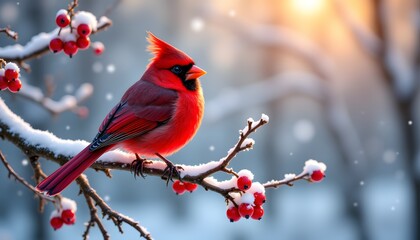 A vibrant red cardinal bird perches gracefully on a frost covered tree branch, with snow dusted red berries glistening in the winter sunlight
