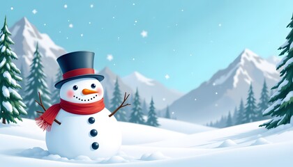 Fototapeta premium The snowman, with rosy cheeks and a carrot nose, is adorned with a top hat and scarf while surrounded by pine trees and snow covered hills under a clear blue sky.