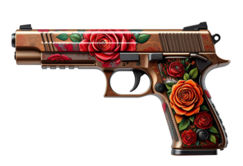 Intricately decorated handgun featuring vibrant rose floral artwork on metallic surface showcasing