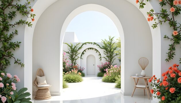 The white room features a large archway leading to a serene outdoor garden, with vibrant flowers in full bloom climbing up the walls.