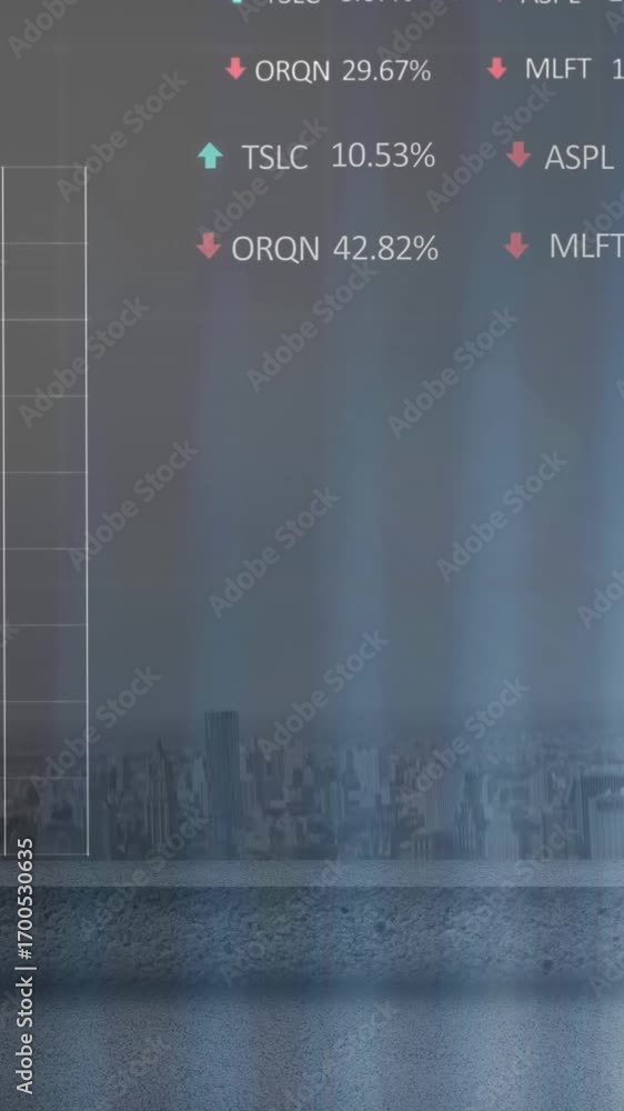 Poster animation of statistical and stock market data processing against aerial view of cityscape