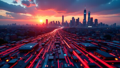 The futuristic digital circuit board overlay on the cityscape at sunset creates a mesmerizing blend of technology and urban beauty