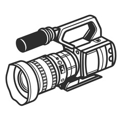 Professional video camera with lens and handle in a clean line art style