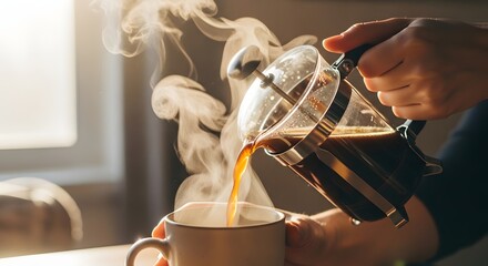 A person pours steaming hot coffee from a French press into a mug, creating a cozy morning atmosphere.