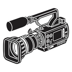 Black and white illustration of a professional video camera