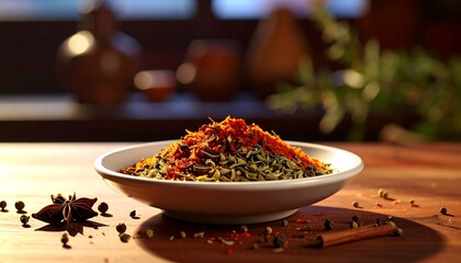 A close-up view of a vibrant mix of aromatic spices in a white bowl, showcasing various textures and colors against a warm, inviting kitchen backdrop.